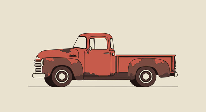 Vintage rusty red pickup truck illustration.