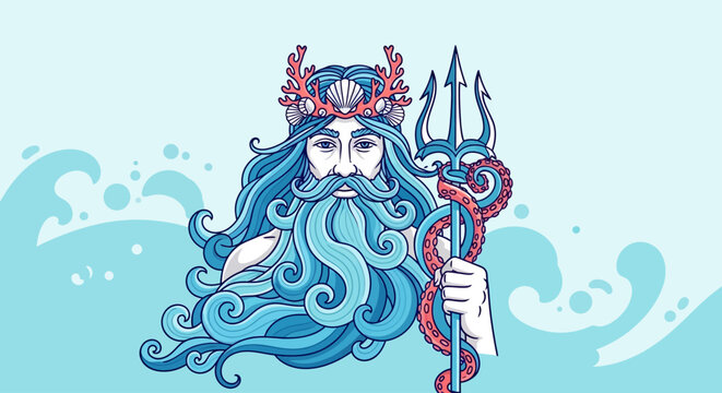 Illustration of Neptune with trident and sea waves.