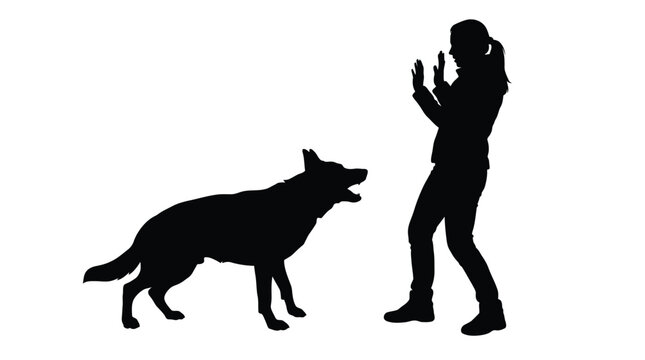 Black silhouette vector illustration of an aggressive barking dog confronting a scared woman in danger