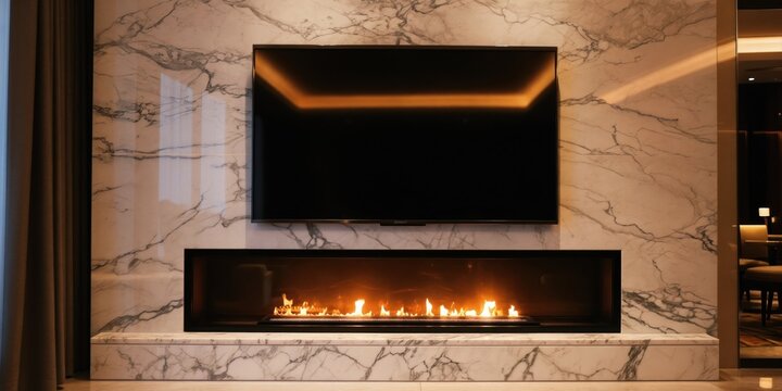 Modern living room features a large black tv above a linear fireplace. Marble wall and hearth create a luxurious and warm ambiance. Ambient light reflects on the screen.