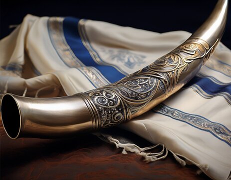shofar with ornate silver detailing on tallit prayer shawl