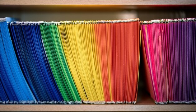 close up of a multicolor guidelines folder on an archival shelf with rainbow tabs