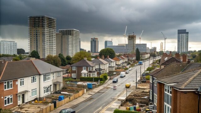 A suburban street with houses and ongoing construction, high-rise buildings in the background under a cloudy sky.