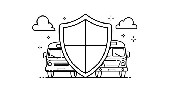 Commercial vehicle safety and insurance concept icon. Outline illustration of a shield protecting two delivery vans or minibuses.