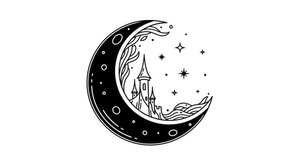 Obraz premium Whimsical Crescent Moon with Fairytale Castle and Stars Illustration. Magical Celestial Line Art Design for Fantasy Concepts.