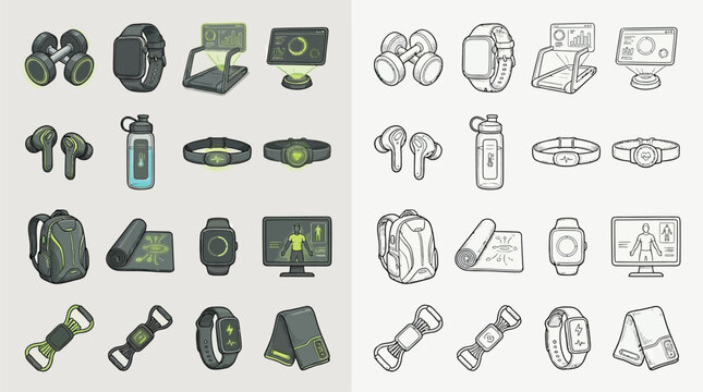 Collection of fitness and health tracking equipment and accessories, presented in both color and outline styles.
