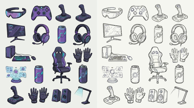 Collection of gaming equipment and accessories, presented in both color and sketch styles.