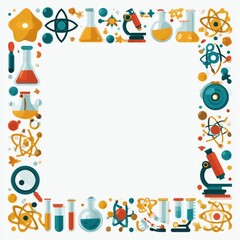 Naklejka premium A vibrant flat border made of science icons like atoms flasks and microscopes in a teal and amber palette surrounds a clean white central area.