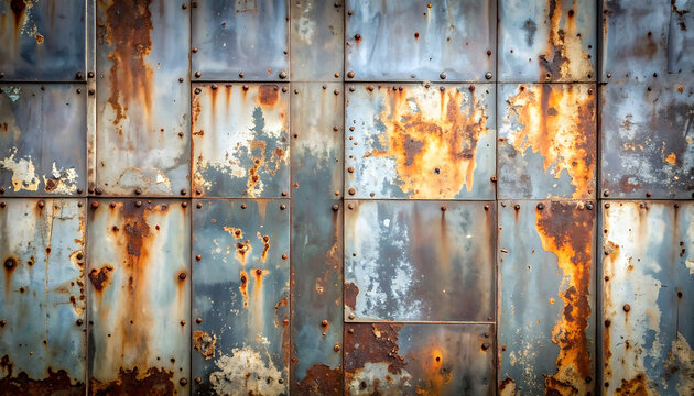 grungy distressed metal wall panels with rust and peeling paint, textured background for industrial or urban themes