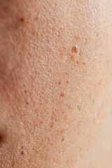 Fototapeta premium Macro view of human skin texture with visible pores enlarged oil glands, small dark spots. Tiny water droplets sit on uneven surface creating slightly wet look. Areas show slight redness irritation.