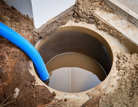 problematic open concrete drain pit with dirty water during messy house renovation damaged septic system or plumbing awaiting repair underground with blue pvc pipe