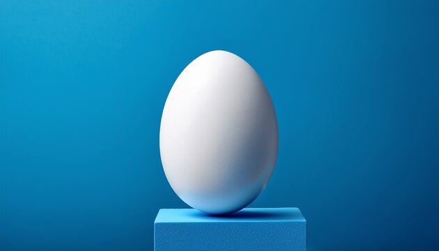 white egg balanced on a surface against a blue background concept of spring equinox