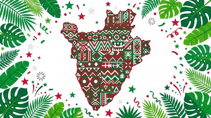 Obraz premium Burundi Map Silhouette Patriotic Pattern Geometric Traditional Textile Motifs Tropical Leaves Stars