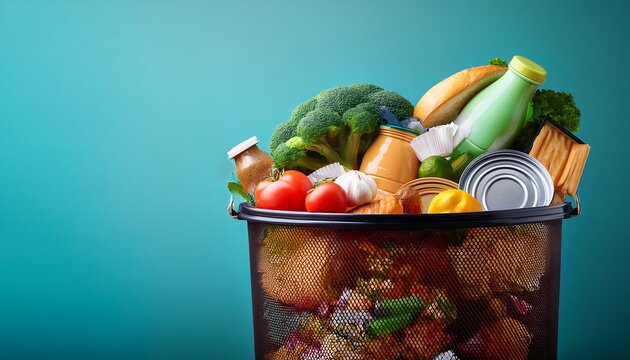 food waste overflowing trash can with unused groceries