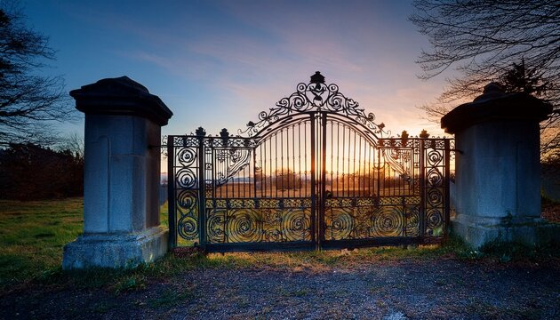 old wrought iron graveyard gate standing open at dusk
