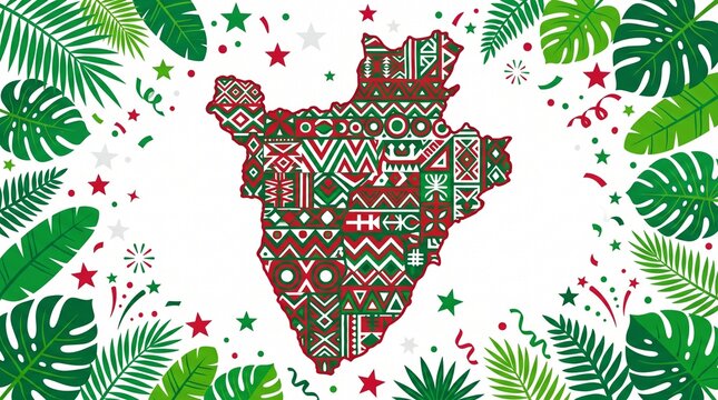 Burundi Map Silhouette Patriotic Pattern Geometric Traditional Textile Motifs Tropical Leaves Stars