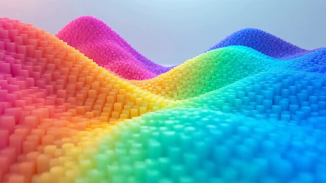 Vibrant abstract landscape composed of countless small, colorful cubes arranged in undulating waves, forming a continuous spectrum of rainbow hues