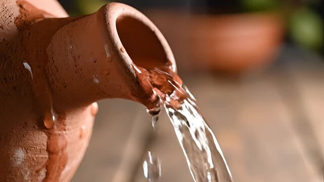 Closeup of Water Pouring from a Clay Pot.