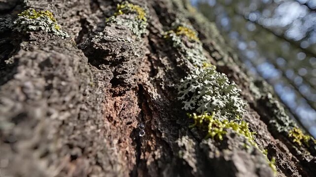 Closeup view of textured tree bark with moss and lichen growth.