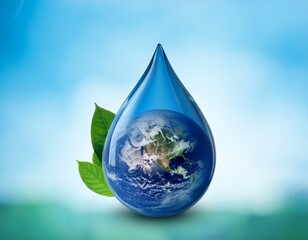 Obraz premium blue drop with earth and leaves concept of world water day nature preservation and global water conservation awareness