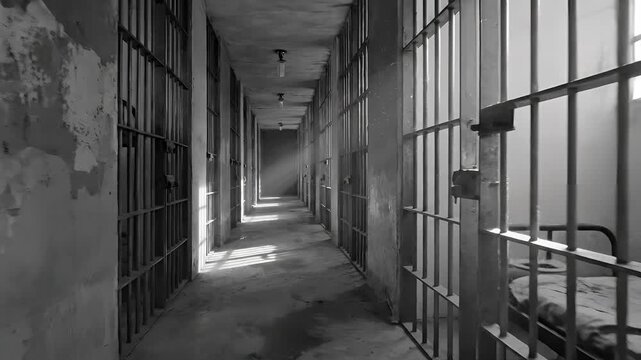 Dark Prison Corridor with Cells and Bars.