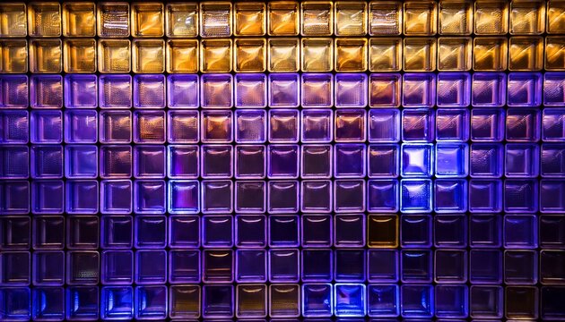 texture of illuminated glass block wall with warm and cool lighting creating geometric grid pattern with purple gold and silver tones for architectural background