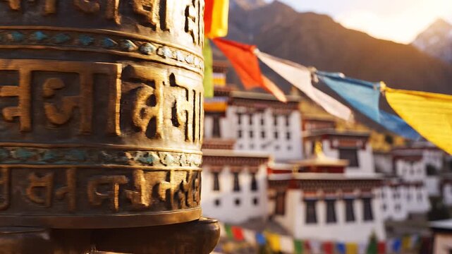 Buddhist prayer wheel and colorful flags near a mountain monastery