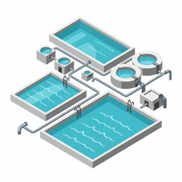 Isometric illustration of a modern swimming pool complex with multiple pools and hot tubs.