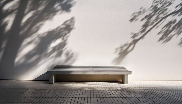 minimalist concrete bench with strong tree shadows on a white wall and floor creating a stark outdoor architectural scene