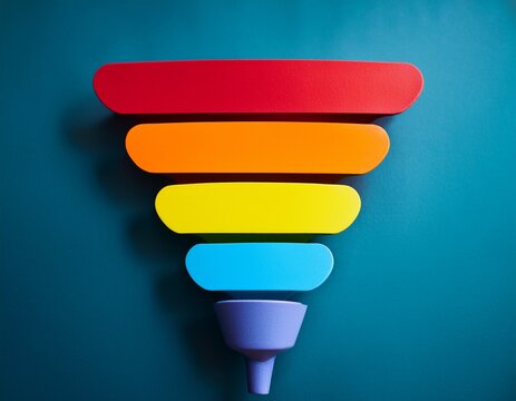 a marketing or sales funnel composed of five brightly colored nested stages visually representing the process of filtering prospects into customers