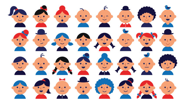 Set of colorful avatar heads representing diverse people with different hairstyles and moods.