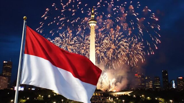 Indonesian Flag Waving with Fireworks over Jakarta Monas at Night