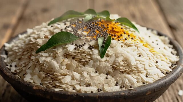 Delicious Indian Poha Breakfast Dish Garnished with Spices and Curry Leaves.