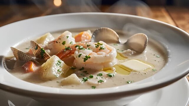 Delicious Seafood Chowder with Shrimp and Clams Served Hot.