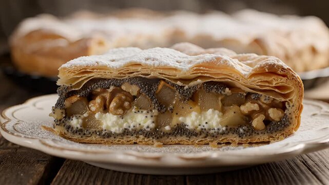 Delicious Slice of Apple Strudel with Walnuts and Cream.