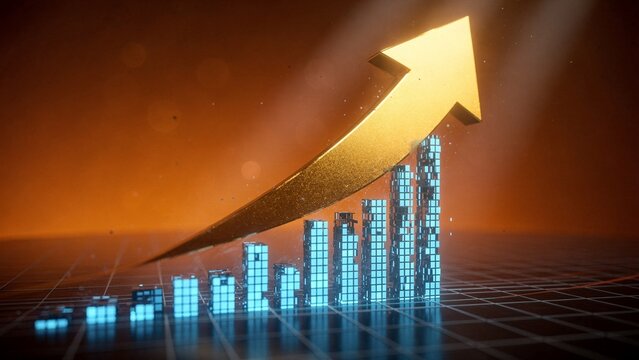 Digital stock market chart with rising arrow illustrating financial growth, business performance improvement, investment strategy, revenue momentum and economic success concept