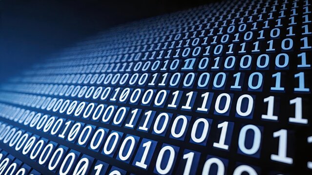 Abstract binary code matrix background, digital data stream flow, computer programming language concept, cybersecurity encryption technology, big data processing visualization,
