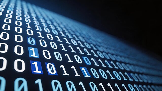 Abstract close up view of binary code numbers zero and one on dark digital screen background representing big data information technology programming software development and