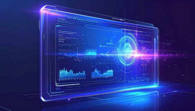 Futuristic transparent screen showcasing data visualizations with a blue and purple color scheme