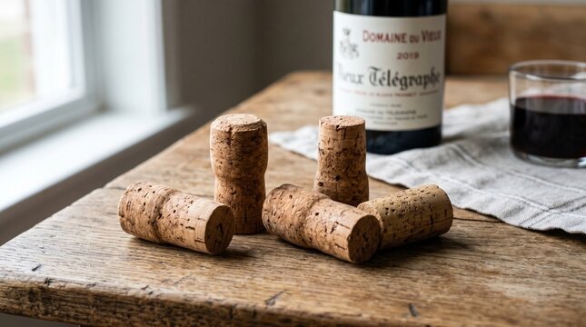 Photorealistic image of a natural cork bottle stopper set, group of five