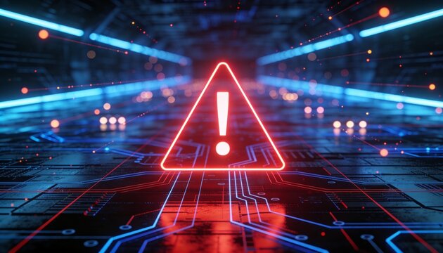 Cybersecurity Warning Triangle Wide-Angle 3D Render, Glowing Red Alert Exclamation Horizon Concept, Blue Red Circuit Board Patterns, Bokeh Particles, Dark Futuristic Digital Background
