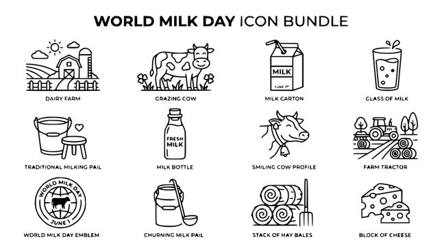 World Milk Day Icon Bundle: Dairy Farm, Cow, Milk Carton, Cheese & More
