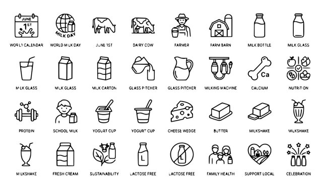 Dairy Products and Farming Icons Set: Milk, Cheese, Butter, Farmer, Barn, Cow, Nutrition