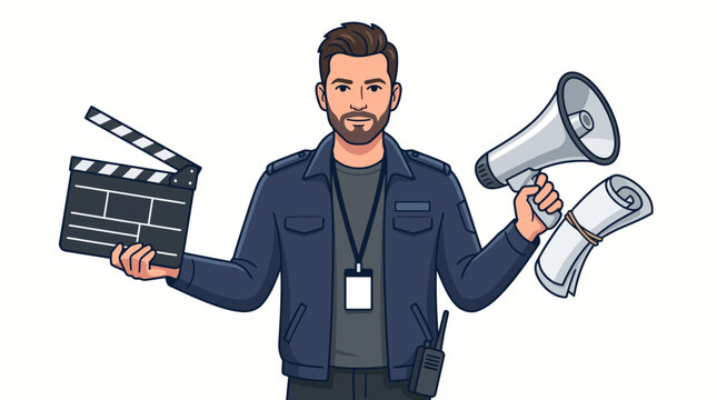 A cartoon man holding a film clapper and megaphone with a script in a colorful illustration with bold lines and vibrant colors on a clean white background.