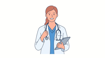 Fototapeta premium Illustration of a smiling female doctor holding a tablet and wearing a stethoscope around her neck against a plain white background.