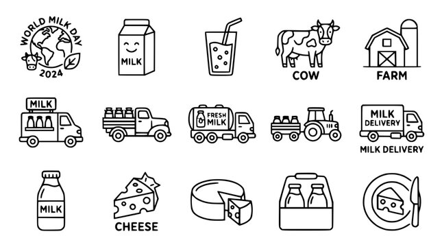 Dairy Products Icons Set: Milk, Cow, Farm, Cheese, Delivery Trucks, World Milk Day