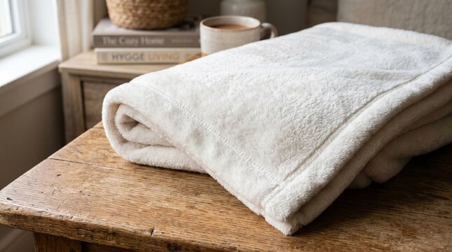 Photorealistic image of a soft white fleece blanket corner, neatly folded