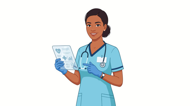 A smiling dark-haired female nurse in blue scrubs and gloves holding medical papers with a stethoscope around her neck against a plain white background.