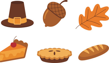 Thanksgiving icons set with pilgrim hat acorn leaf pie bread vector illustration autumn harvest © Kaiyum