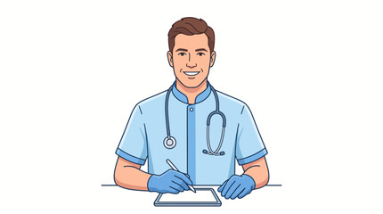 Fototapeta premium Illustration of a smiling male doctor wearing a stethoscope and gloves while writing on a clipboard in a light blue uniform against a plain white background.
